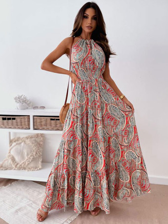 Rosso Maxi vestiti Blu senza maniche stampato floreale con scollo gioiello Abito senza schienale in poliestere