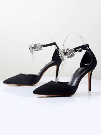 Женские туфли на высоком каблуке без шнуровки с острым носком на шпильке со стразами Шикарные черные туфли с ремешком на щиколотке