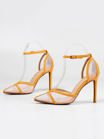 女性のハイヒールスリッポン先のとがったつま先のスティレットヒールシックな黄色のアンクルストラップヒール