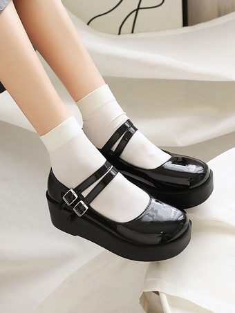 Academic Lolita Shoes Black Round Toe Wedge Heel PU Leather Lolita Shoes