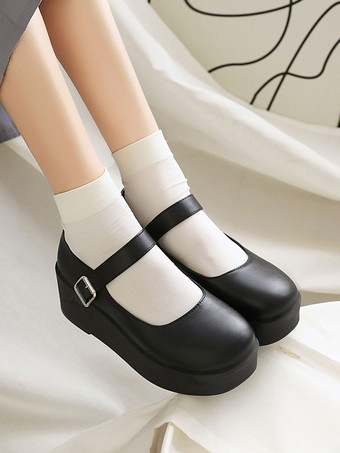 Academic Lolita Footwear Schwarze Lolita Pumps mit runder Zehe und Keilabsatz aus PU-Leder