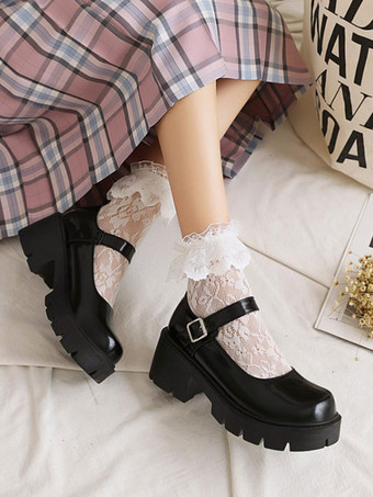 アカデミックロリータフットウェアブラックラウンドトゥPUレザーロリータパンプス