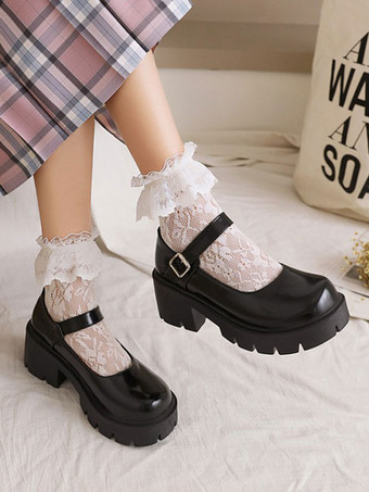 アカデミックロリータフットウェアブラックラウンドトゥPUレザーロリータパンプス