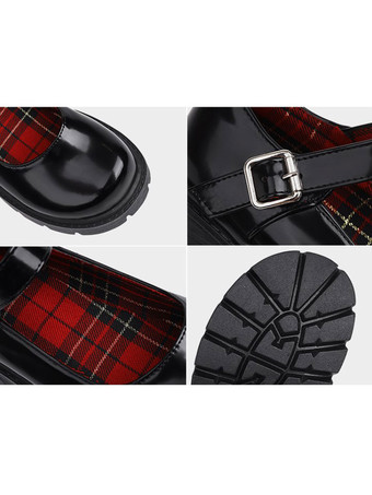 アカデミックロリータフットウェアブラックラウンドトゥPUレザーロリータパンプス