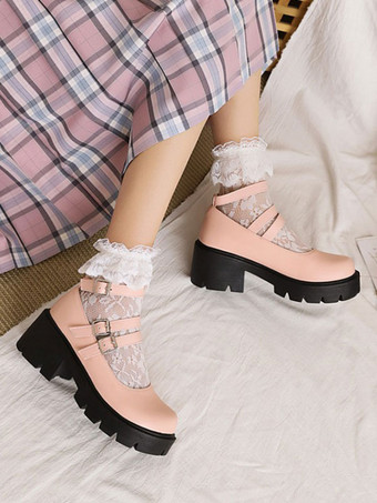 ロリータシューズ ラウンドトゥ PUレザー ロリータパンプス ブラック