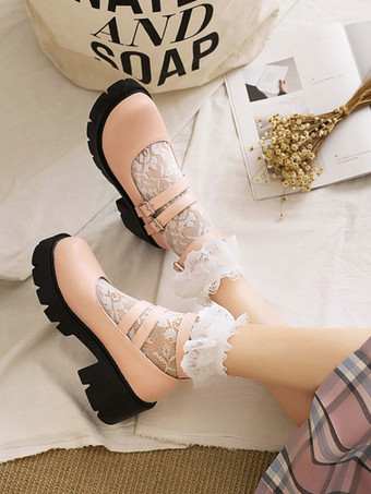 ロリータシューズ ラウンドトゥ PUレザー ロリータパンプス ブラック