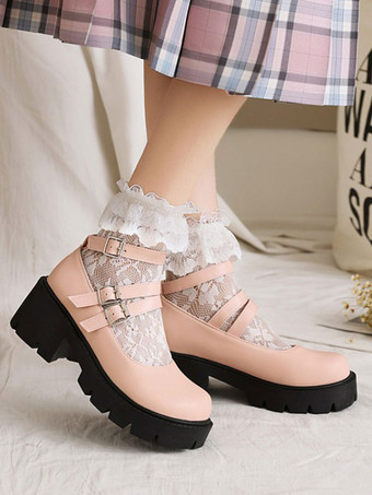 ロリータシューズ ラウンドトゥ PUレザー ロリータパンプス ブラック