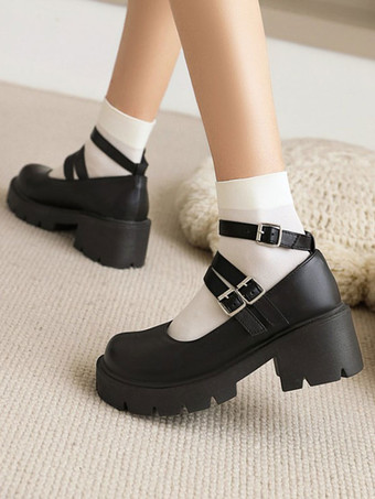 ロリータシューズ ラウンドトゥ PUレザー ロリータパンプス ブラック