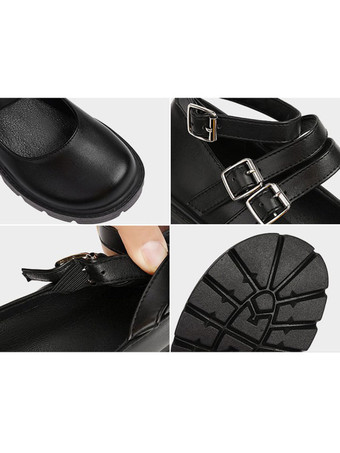 ロリータシューズ ラウンドトゥ PUレザー ロリータパンプス ブラック