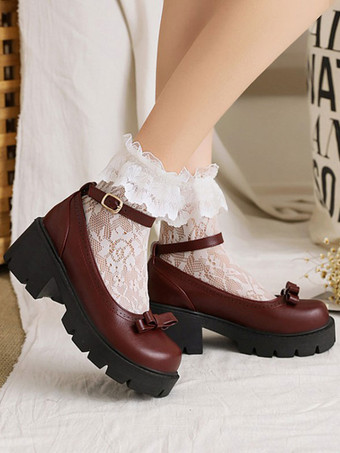 バーガンディーアカデミックロリータフットウェアブラックラウンドトゥPUレザーロリータパンプス