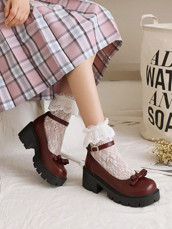 アカデミックロリータフットウェアブラックラウンドトゥPUレザーロリータパンプス