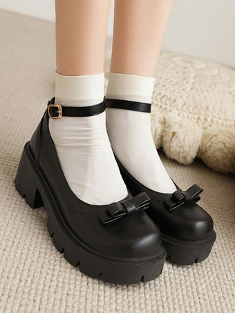 Academic Lolita Shoes Black Round Toe PU Leather Lolita Pumps
