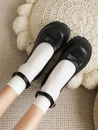 アカデミックロリータフットウェアブラックラウンドトゥPUレザーロリータパンプス