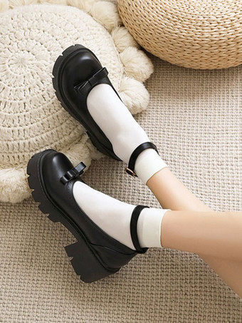 アカデミックロリータフットウェアブラックラウンドトゥPUレザーロリータパンプス