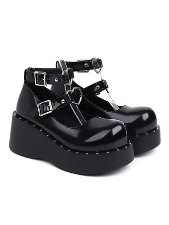 Academic Lolita Shoes Black PU Leather Wedge Heel Lolita Shoes