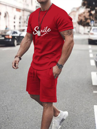 レッド メンズアクティブウェア2ピースプリント半袖ジュエルネックブルー