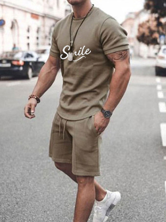 カーキ メンズアクティブウェア2ピースプリント半袖ジュエルネックブルー