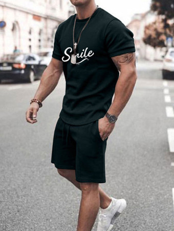 ブラック メンズアクティブウェア2ピースプリント半袖ジュエルネックブルー