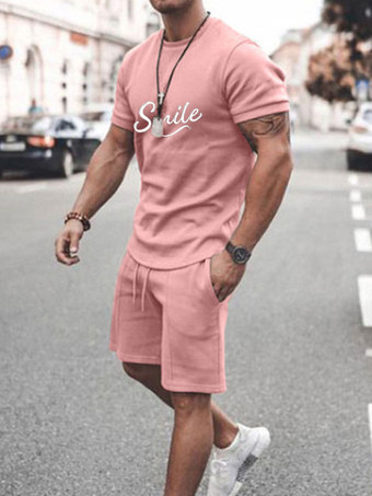 ピンクメンズアクティブウェア2ピースプリント半袖ジュエルネックブルー