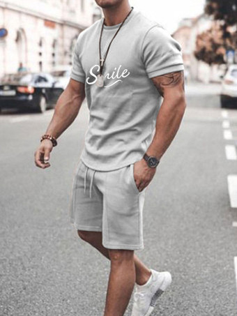 グレイメンズアクティブウェア2ピースプリント半袖ジュエルネックブルー