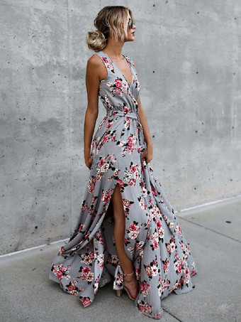 マキシドレスノースリーブグレーフローラルプリントVネックレースアップポリエステルフロアレングスドレス