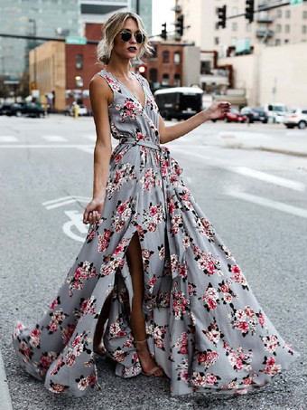 Maxikleider ärmelloses graues Blumendruck V-Ausschnitt Lace Up Polyester bodenlanges Kleid