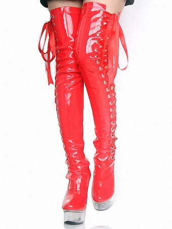 セクシーなハイヒールブーツラウンドトゥレースアップジッパースティレットヒールレイブクラブブラックサイハイブーツオーバーザニーブーツ ポールダンスシューズ