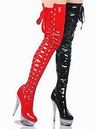 セクシーなハイヒールブーツラウンドトゥレースアップジッパースティレットヒールレイブクラブブラックサイハイブーツオーバーザニーブーツ ポールダンスシューズ