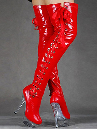 レッドセクシーなハイヒールブーツラウンドトゥレースアップジッパースティレットヒールレイブクラブブラックサイハイブーツオーバーザニーブーツ ポールダンスシューズ