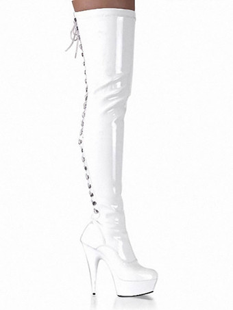 ホワイト 女性のセクシーなブーツラウンドトゥレースアップジッパースティレットヒールレイブクラブチュールレッドサイハイブーツニーブーツ