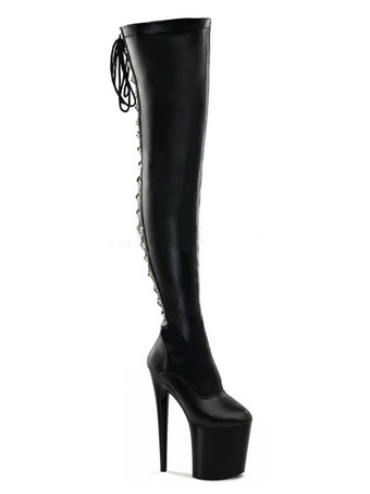 ダークグレー セクシーなハイヒールブーツラウンドトゥレースアップジッパースティレットヒールレイブクラブブラックサイハイブーツオーバーザニーブーツ ポールダンスシューズ