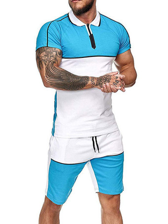 Hellschiefergrau ActiveWear der Herren 2-teilig Farbblock Kurzarm Juwel Hals Blau