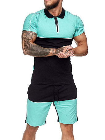 Mintgrün      ActiveWear der Herren 2-teilig Farbblock Kurzarm Juwel Hals Blau