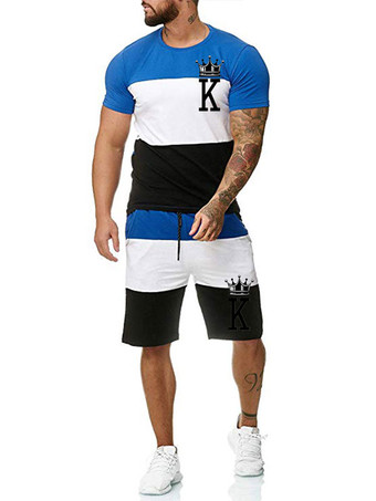 bleu Vêtements d'actif pour hommes Bloc de couleur 2 pièces manches courtes Bijou col jaune