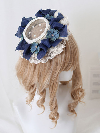 ダークネイビーパストラルスタイルロリータハットパールフラワーレースポリエステルアイボリーロリータハット