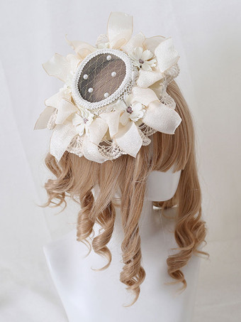 Pastoralen Stil Lolita Hut Perlen Blumen Spitze Polyester Elfenbein Lolita Hüte