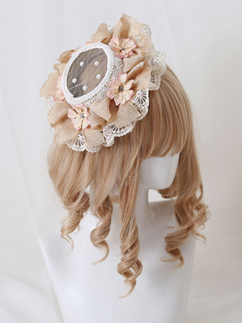 アプリコットパストラルスタイルロリータハットパールフラワーレースポリエステルアイボリーロリータハット