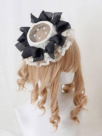 ブラック パストラルスタイルロリータハットパールフラワーレースポリエステルアイボリーロリータハット