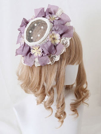 パープル パストラルスタイルロリータハットパールフラワーレースポリエステルアイボリーロリータハット