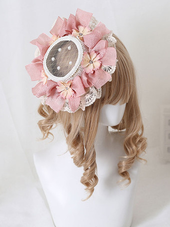 ピンクパストラルスタイルロリータハットパールフラワーレースポリエステルアイボリーロリータハット