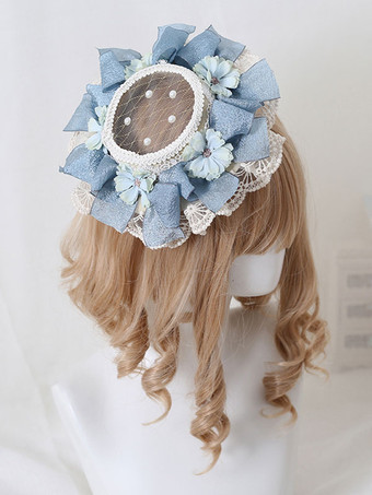 ライトスカイブルーパストラルスタイルロリータハットパールフラワーレースポリエステルアイボリーロリータハット