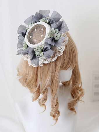 グレイパストラルスタイルロリータハットパールフラワーレースポリエステルアイボリーロリータハット