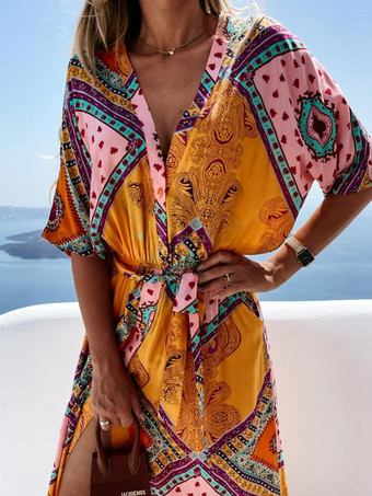 マキシドレス半袖オレンジプリント柄Vネックポリエステル床丈サマードレス