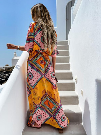 マキシドレス半袖オレンジプリント柄Vネックポリエステル床丈サマードレス