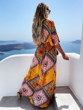 マキシドレス半袖オレンジプリント柄Vネックポリエステル床丈サマードレス