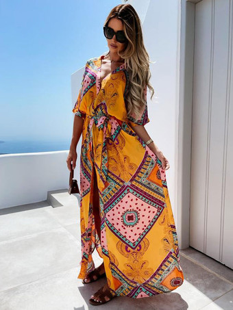 Maxi Dresses Short Sleeves Orange Printed Pattern V-Neck   Floor Length Summer Dress