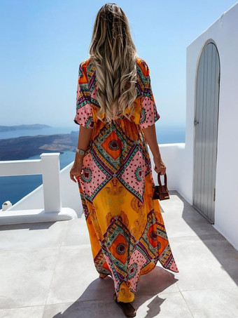 マキシドレス半袖オレンジプリント柄Vネックポリエステル床丈サマードレス