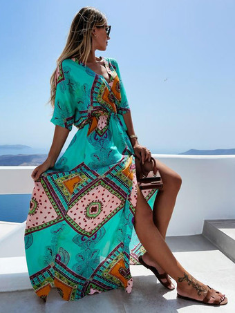 マキシドレス半袖オレンジプリント柄Vネックポリエステル床丈サマードレス