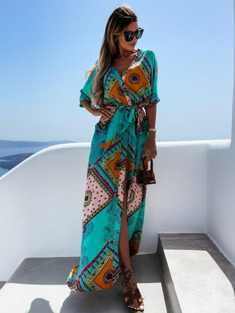 マキシドレス半袖オレンジプリント柄Vネックポリエステル床丈サマードレス