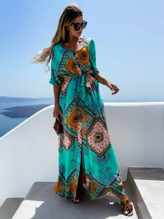 マキシドレス半袖オレンジプリント柄Vネックポリエステル床丈サマードレス